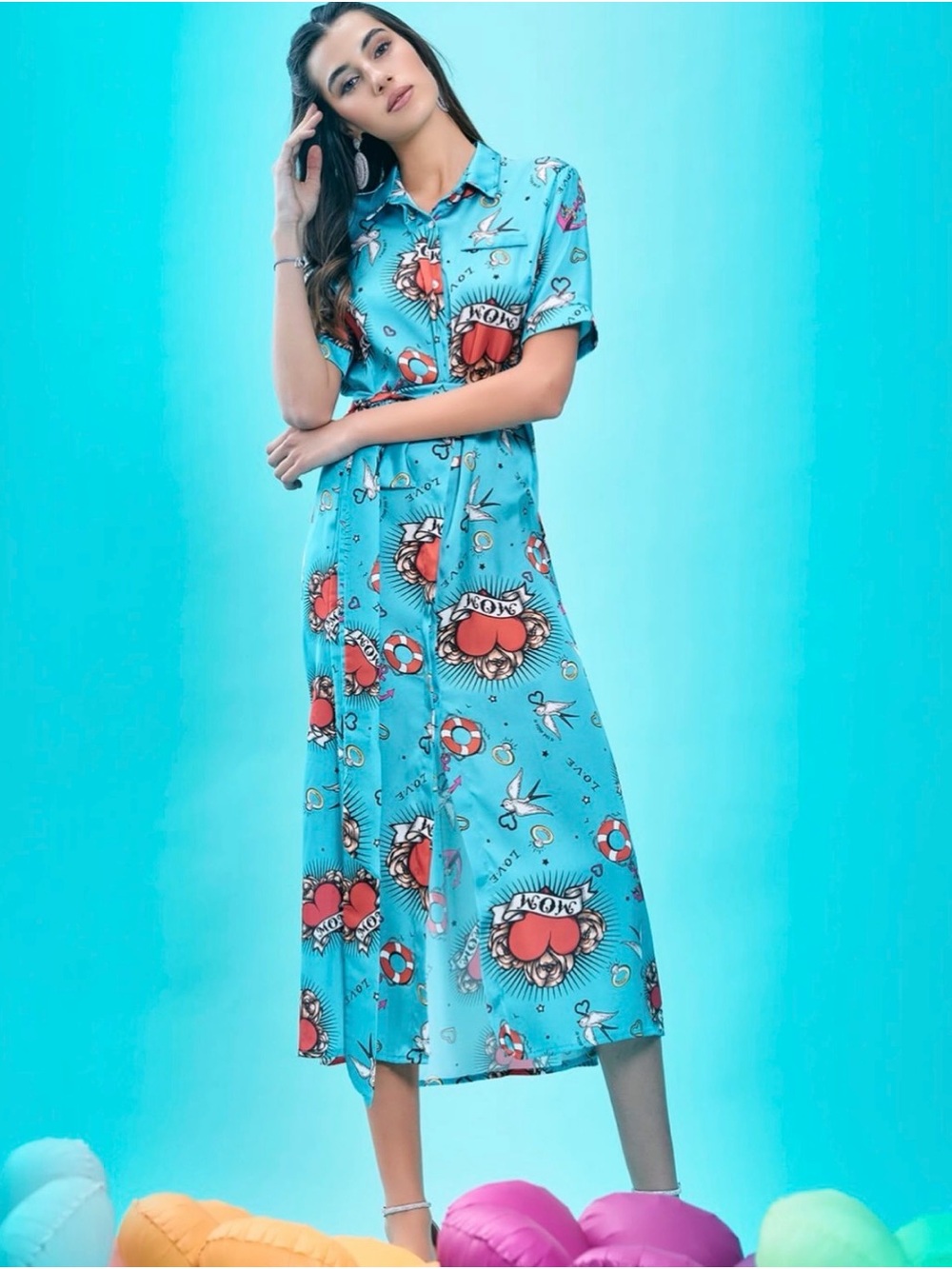 Il the delle 5 Turquoise Heart & Swallow Print Midi Dress